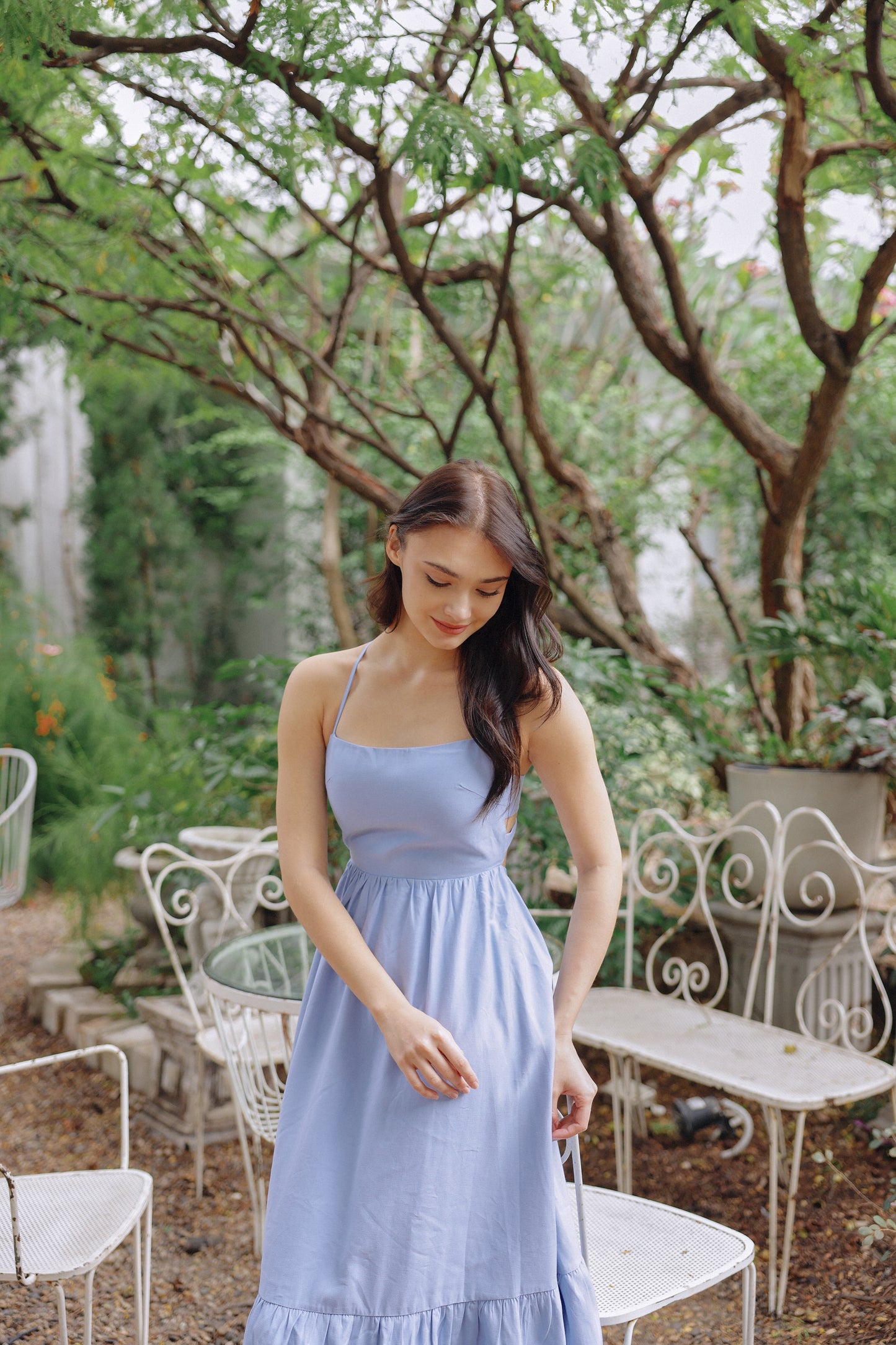 Ally Padded Linen Dress (Blue)