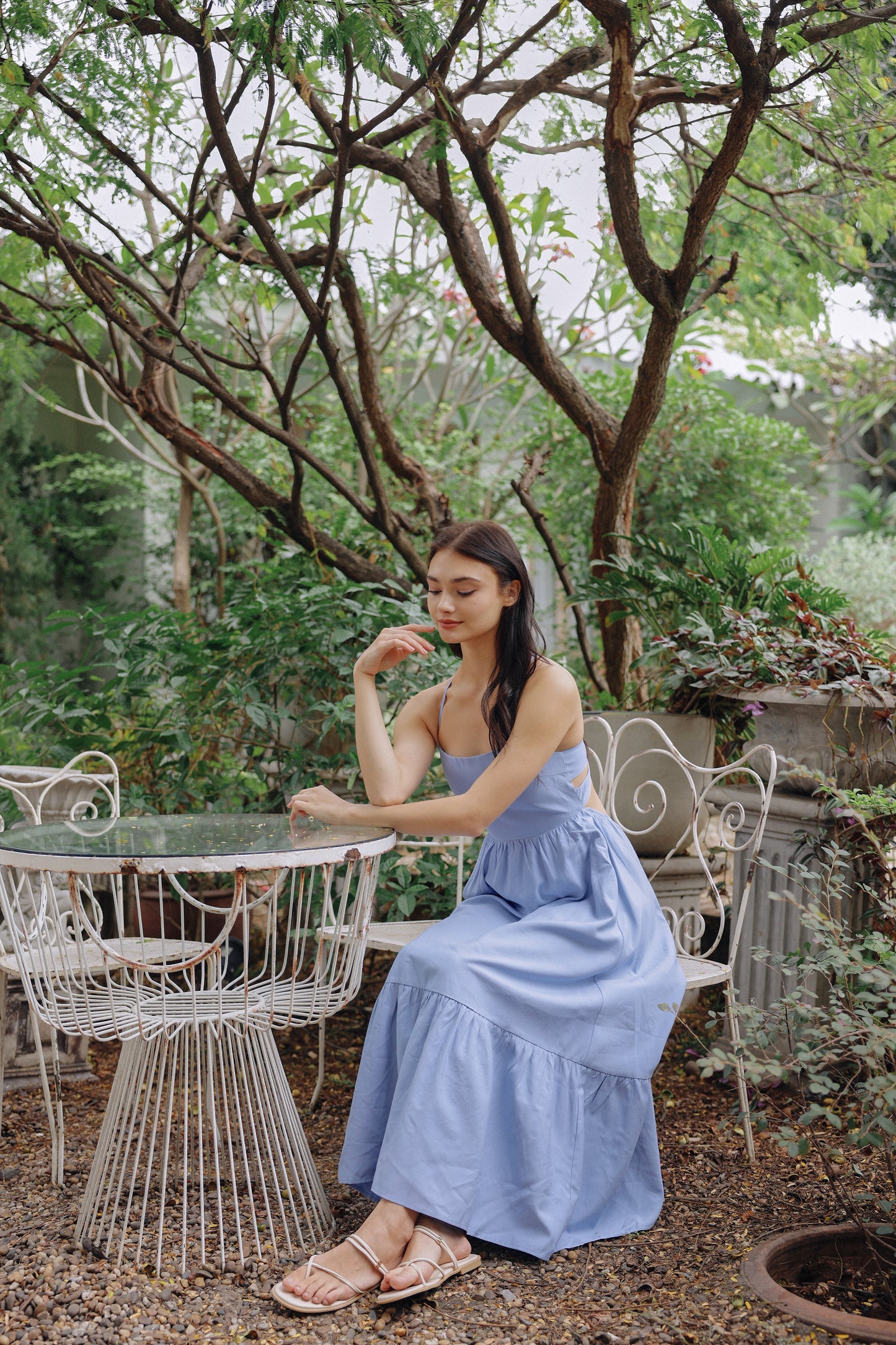 Ally Padded Linen Dress (Blue)