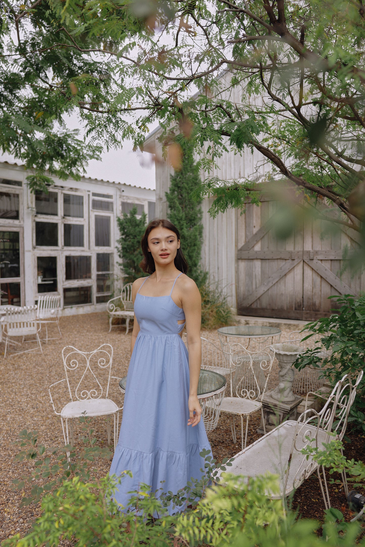 Ally Padded Linen Dress (Blue)