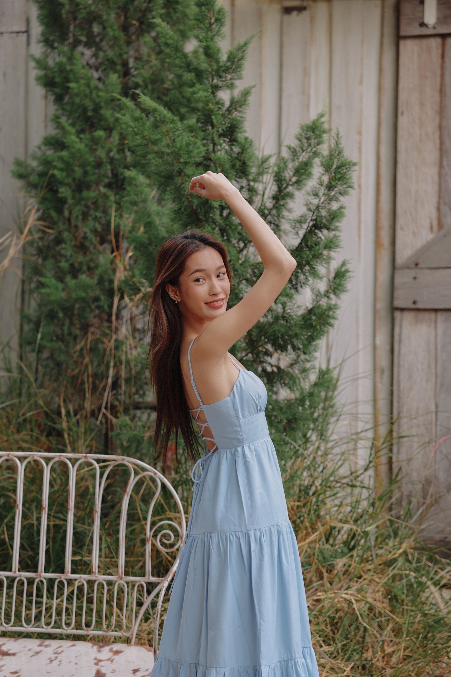 Meadow Padded Linen Dress (Blue)