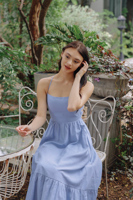 Ally Padded Linen Dress (Blue)