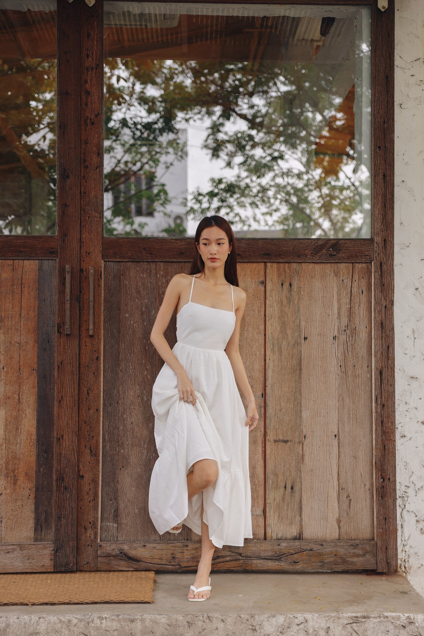 Ally Padded Linen Dress (Ivory)