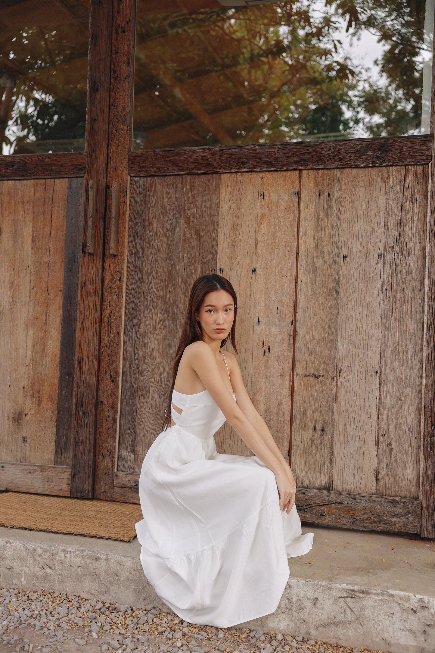 Ally Padded Linen Dress (Ivory)