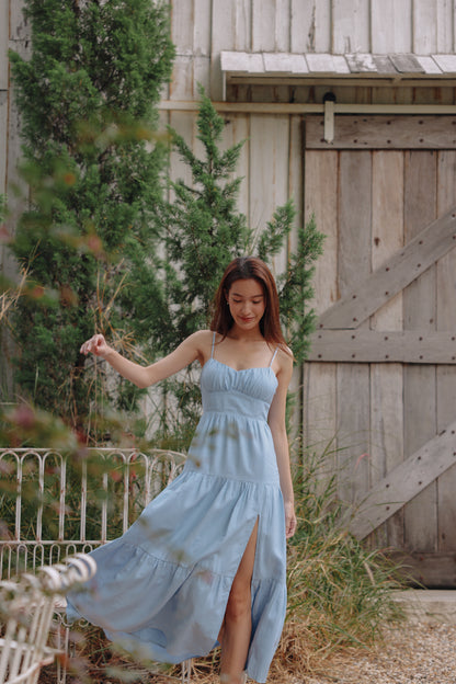 Meadow Padded Linen Dress (Blue)