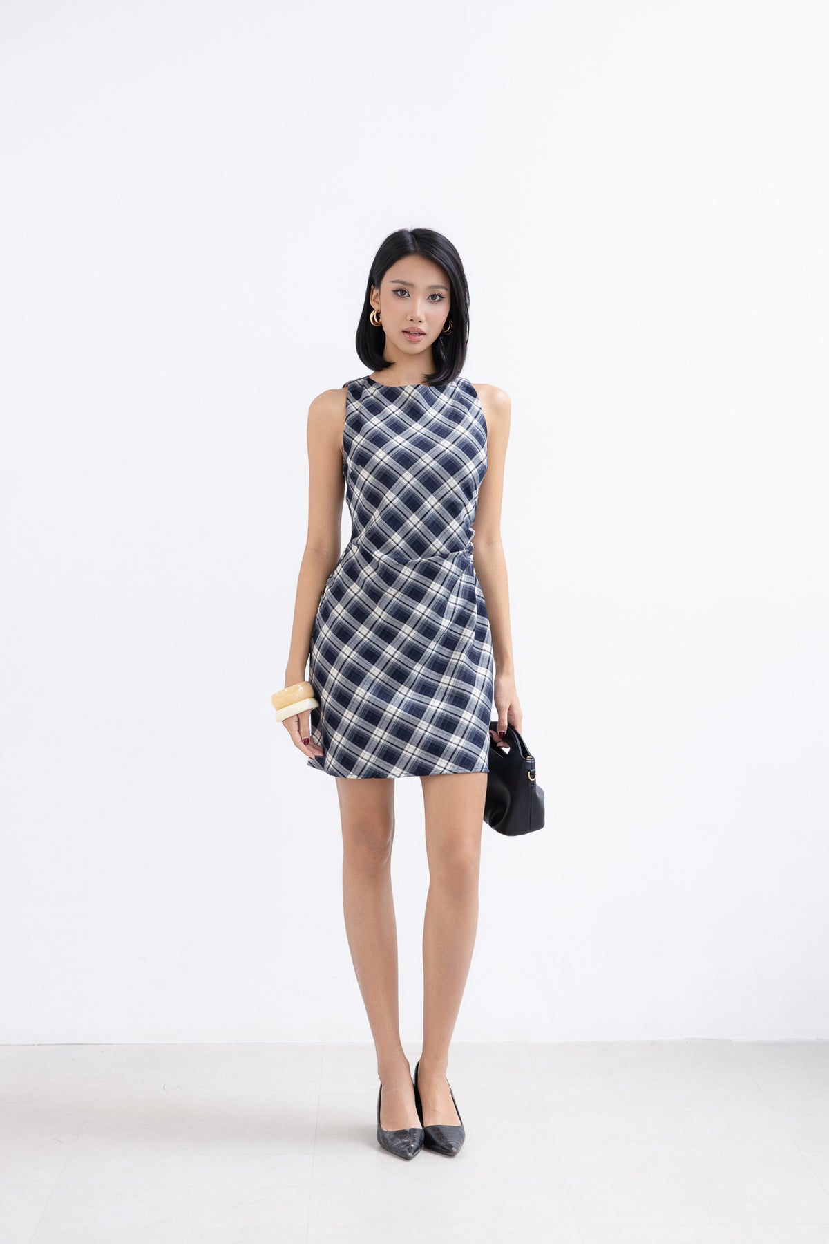 Kelsy Padded Dress (Navy Plaid)