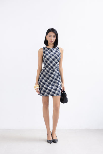 Kelsy Padded Dress (Navy Plaid)