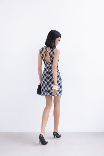 Kelsy Padded Dress (Navy Plaid)